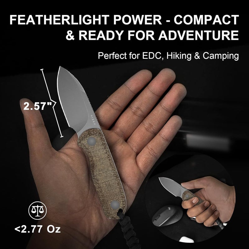 KIZER Drop Bear Fixed Blade Knife, 2.57" Gray Stonewash 14C28N Blade EDC Camping Knife with Brown Burlap Micarta Handle & Hidden Tools, Full Tang Hunting Knives with Adjustable Kydex Sheath, 1094A1 - Image 2